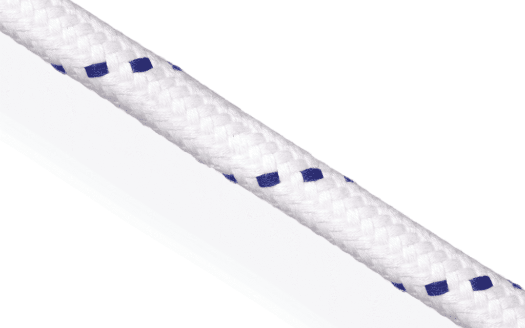 White 24-plait matt polyester rope with blue tracers; high-grip racing sheet for precision sail trimming.