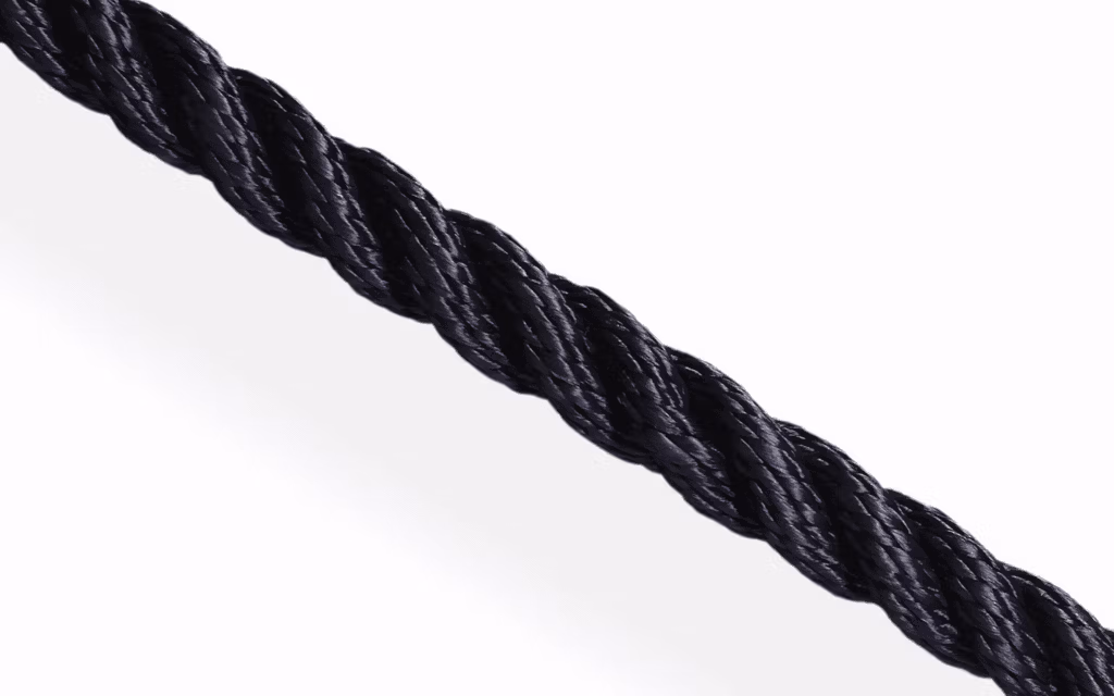 Black 3-strand nylon rope; UV stable hawser laid design providing high-tenacity performance for anchoring and towing