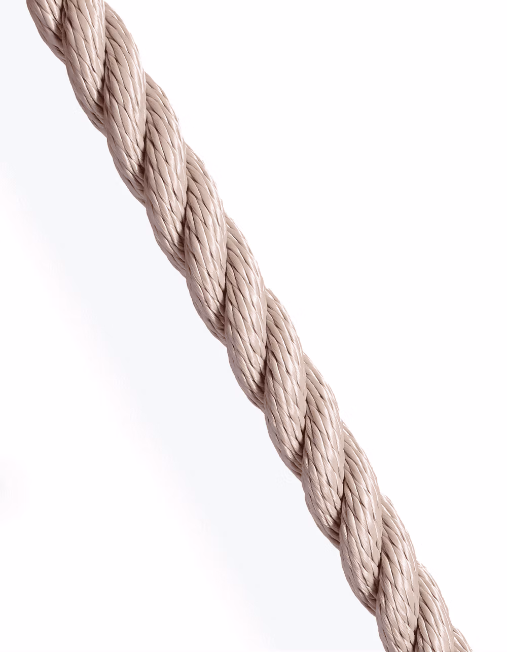 3-strand beige polyester rope; high-tenacity UV-stable line for marine mooring and lifting.