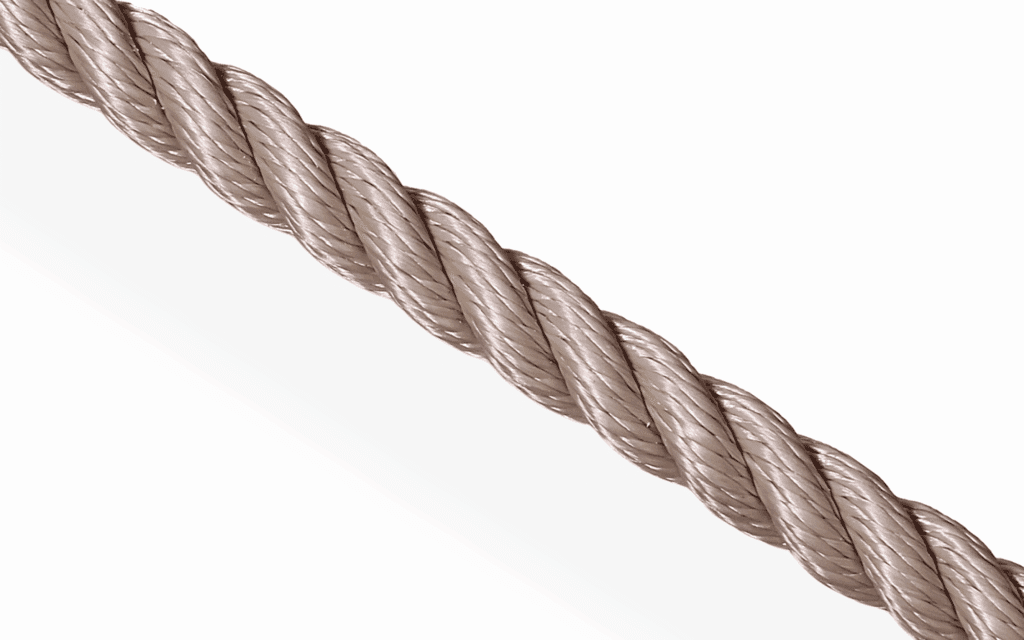 Beige 3-strand pre-stretched polyester rope; heat-set for low extension in halyards and classic boat rigging