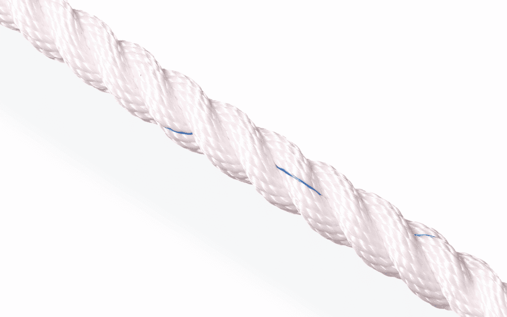 White 3-strand pre-stretched polyester with blue tracer; low-stretch heat-set line for marine halyards