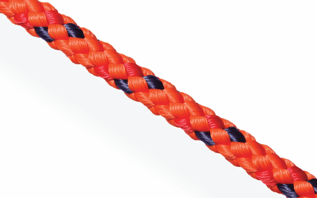 Orange 8-plait multifilament polypropylene rope; high-visibility floating line with blue tracers for marine use