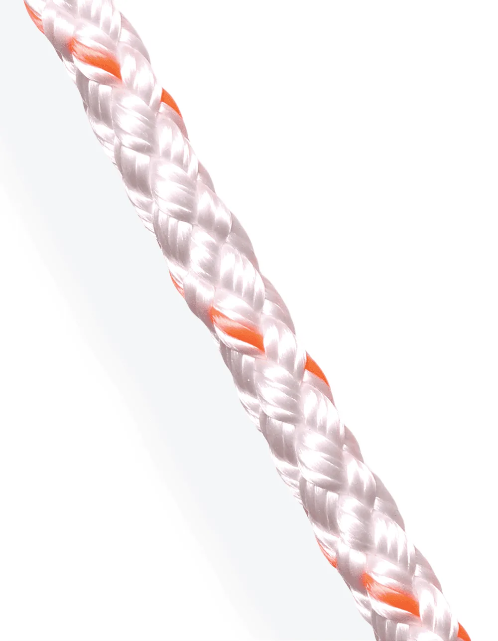 Vertical view of white 8-plait pre-stretched polyester rope with orange tracers for technical marine applications