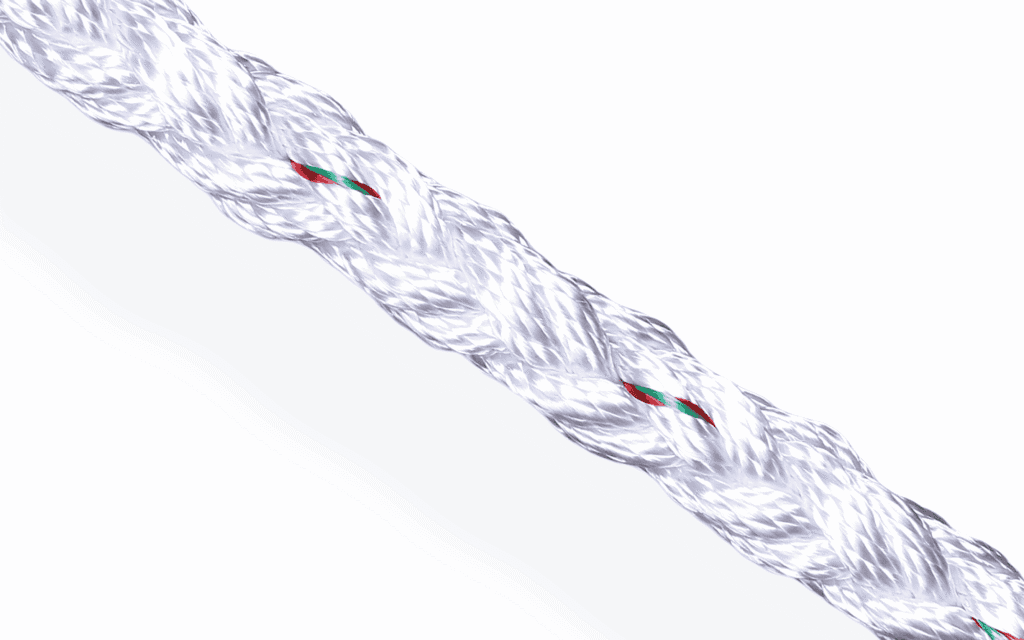 White 8-strand Anchorbraid rope with red and green tracers for yacht anchoring and mooring applications.