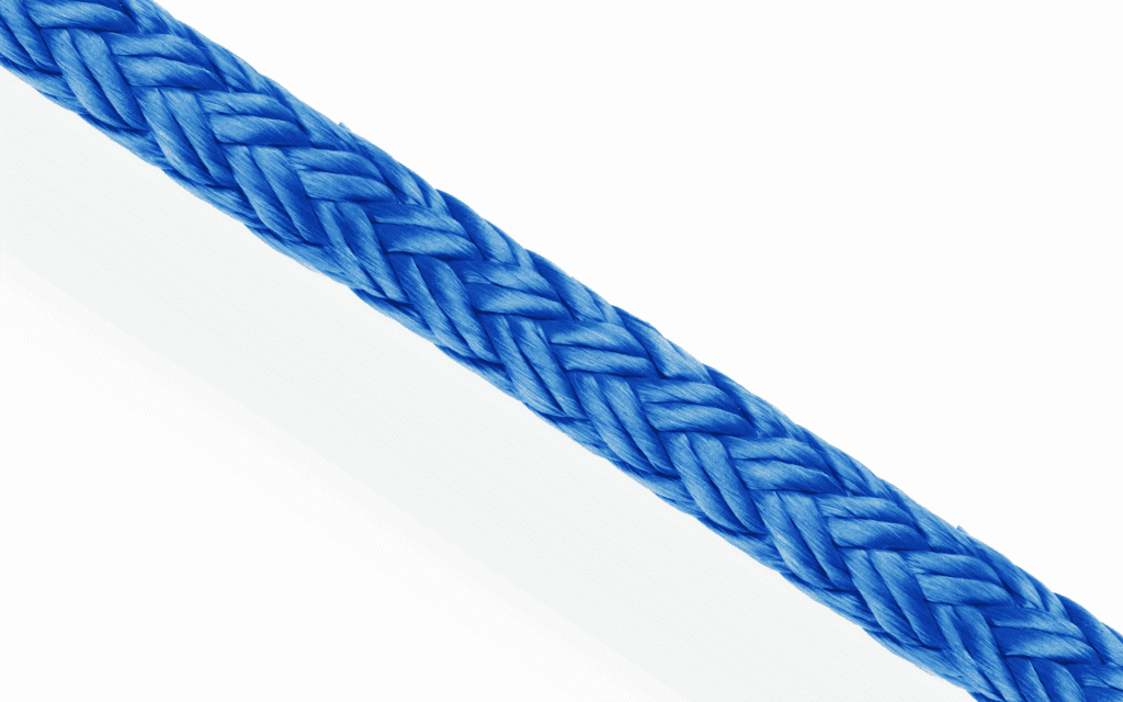 Blue Rig-Tex 12 hollow braid polyester rope. 12-strand heat-set line for high-friction marine applications