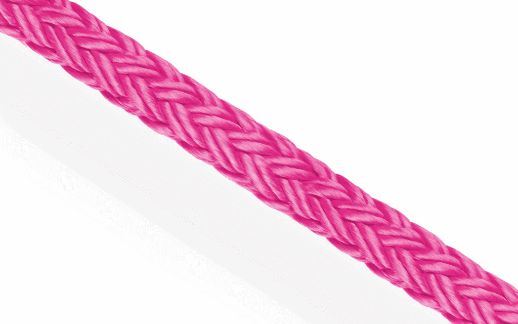 Pink Rig-Tex 12 high-friction polyester rope. 12-strand hollow braid construction for marine and utility rigging