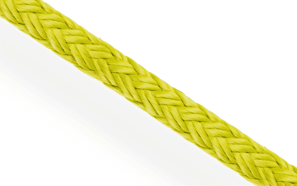 Yellow 12-strand Rig-Tex 12 polyester rope. High-friction hollow braid for technical rigging and grip.