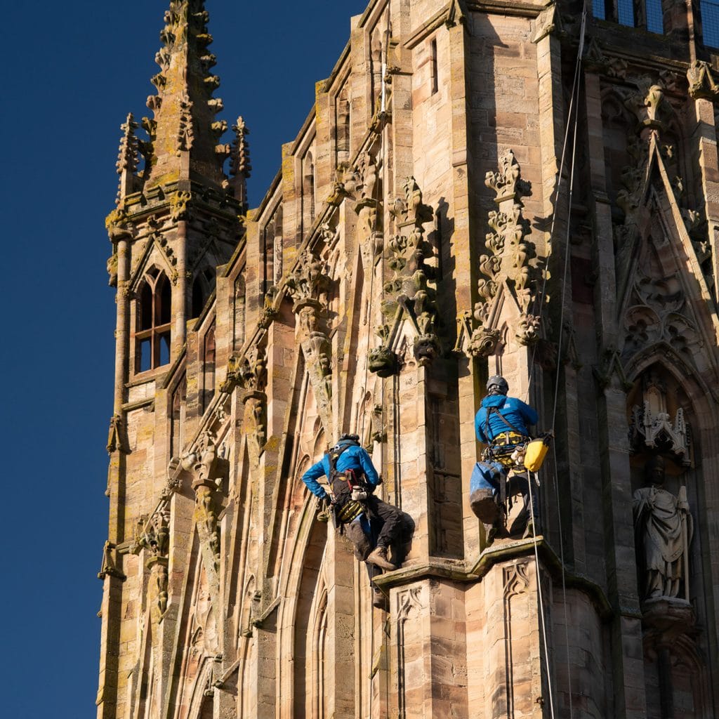 Tutus EN 1891 Type A 11mm static rope for heritage masonry at Worcester Cathedral; low elongation for precision access.