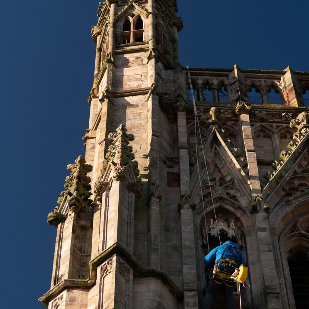 Tutus EN 1891 Type A 11mm static rope for heritage masonry at Worcester Cathedral; low elongation for precision access.