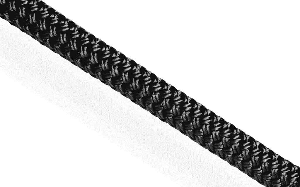 Black braid-on-braid polyester dockline for secure yacht mooring and impact absorption during berthing.