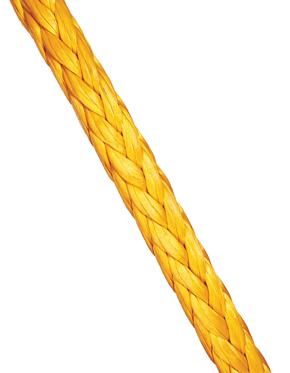 Vertical view of yellow 12-strand DC12 Dyneema rope with a 12-strand construction for easy splicing and durability.