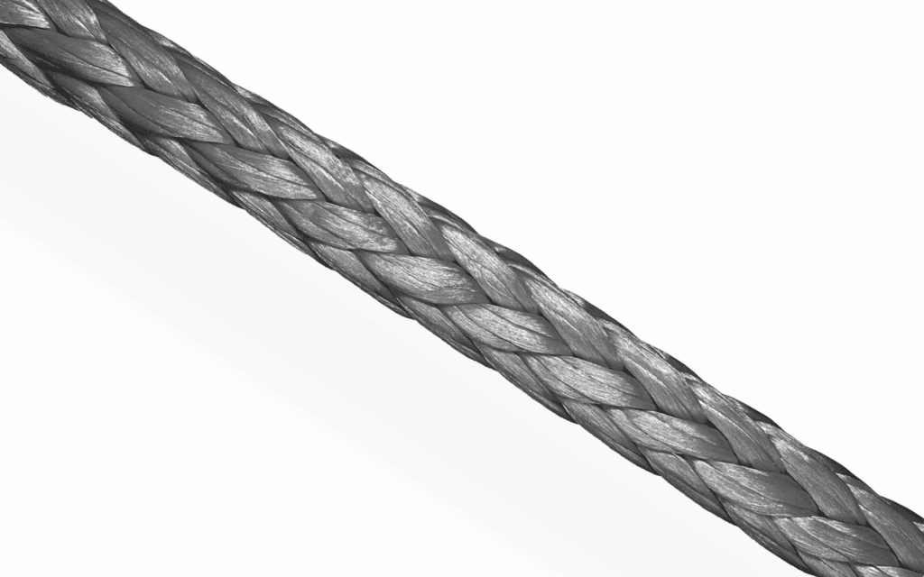 Grey 12-strand Dyneema DC78 rope with SK78 fibre for high strength and low stretch in marine and industrial rigging.