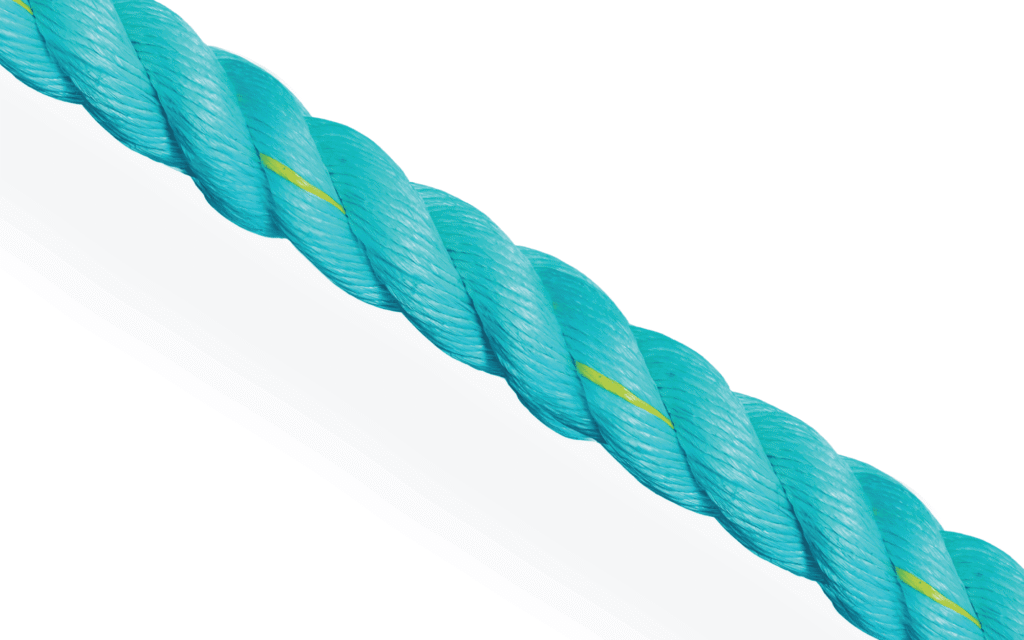 Turquoise three-strand twisted rope with a yellow tracer; high-tenacity synthetic cordage for marine and industrial applications.