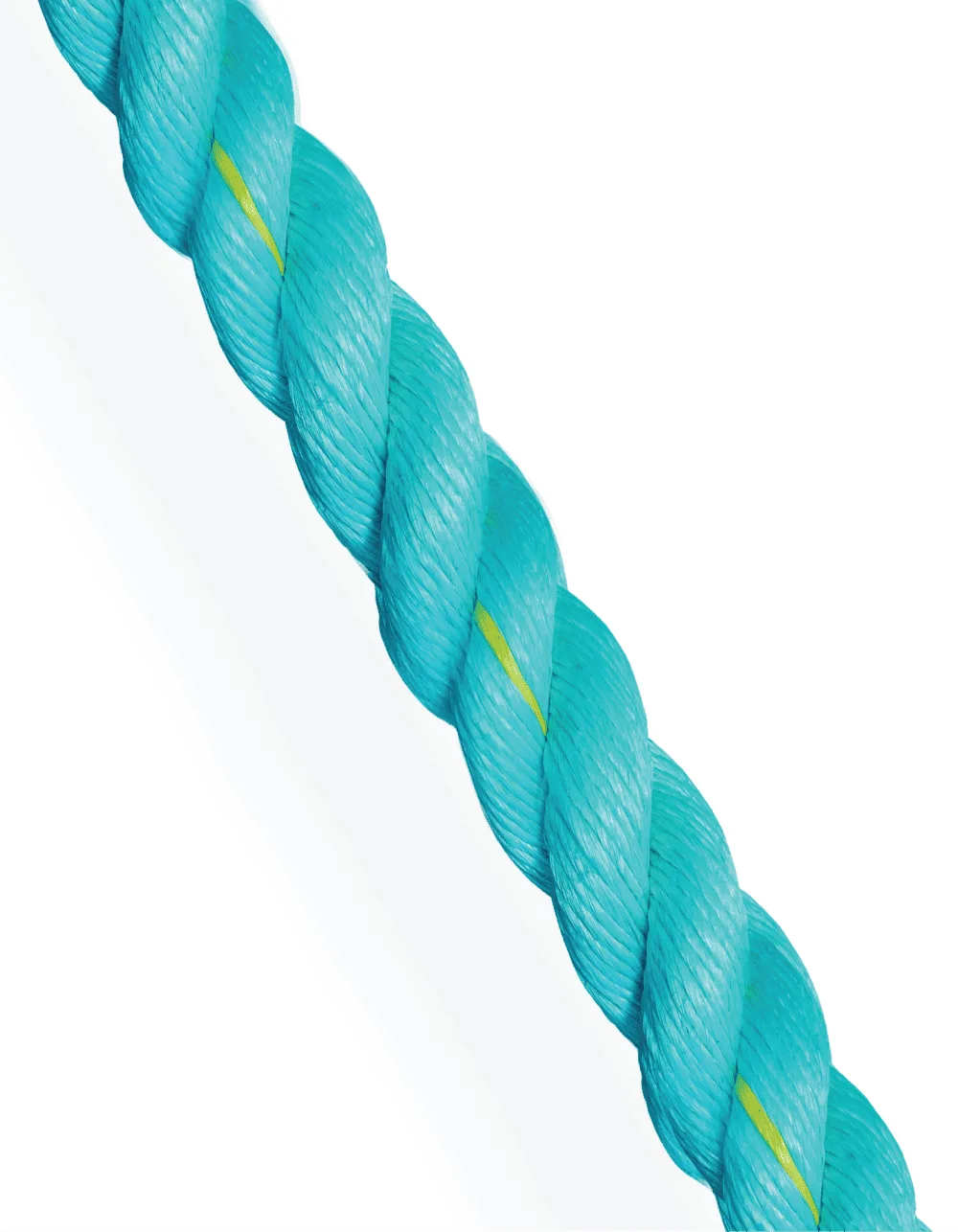 Turquoise three-strand twisted rope with a yellow tracer; high-tenacity synthetic cordage for marine and industrial applications.