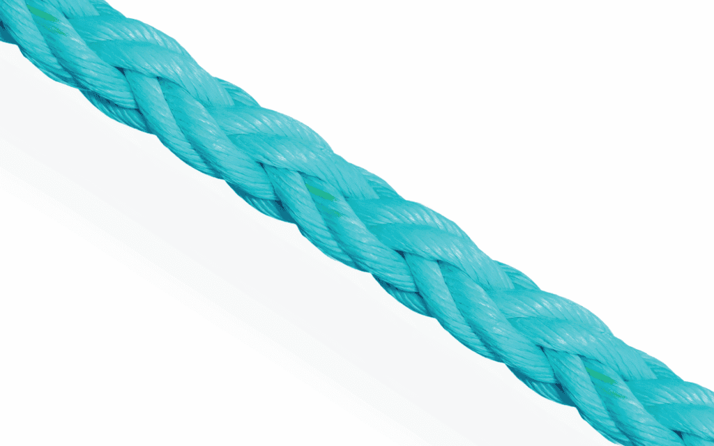 Turquoise 8-strand EB Steel 8 copolymer rope; high-tenacity floating line for mooring and industrial use.