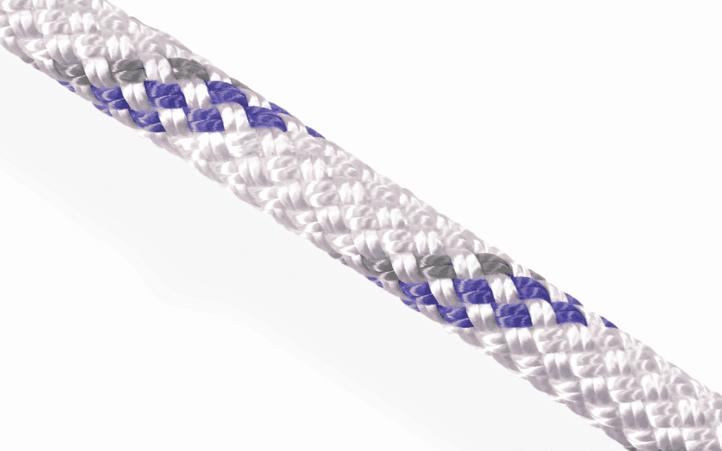 Braided polypropylene rope with Blue and gray tracers; a UV-stable floating line for marine and industrial use.