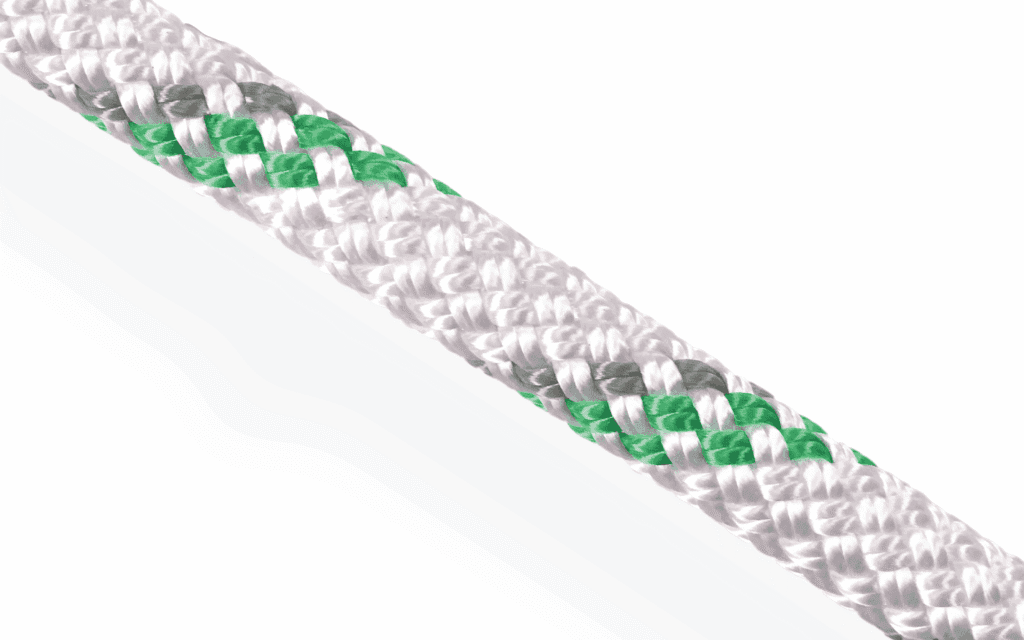 Braided polypropylene rope with green and gray tracers; a UV-stable floating line for marine and industrial use.