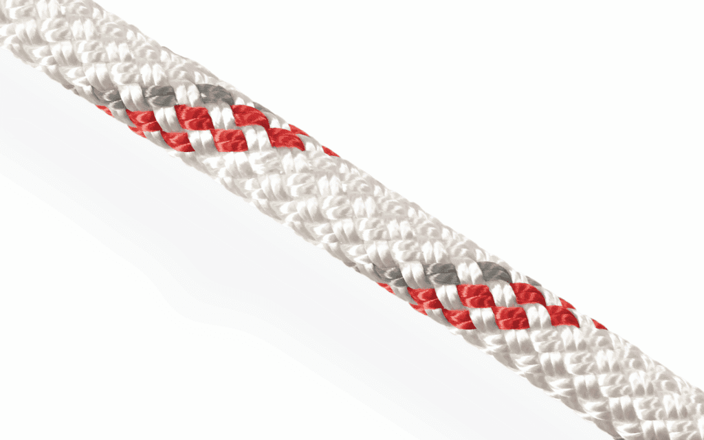 Braided polypropylene rope with red and gray tracers; a UV-stable floating line for marine and industrial use.