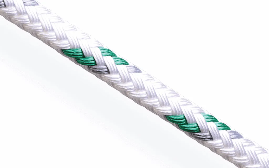 Green and grey tracer white Eurobraid 12-strand polyester rope designed for easy splicing and durable yacht rigging
