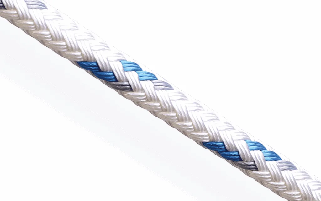 Polyester Eurobraid rigging rope in white with blue and grey tracers, offering high strength and low stretch for marine use
