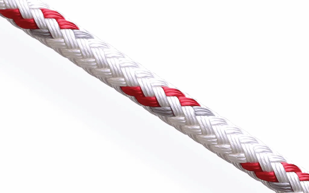 White 12-strand polyester Eurobraid rope with red and grey tracers for performance yachting sheets and control lines.