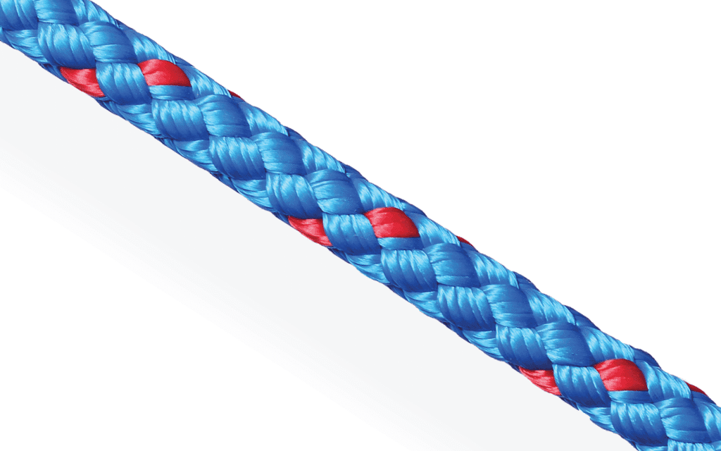 Blue braided KP Cord with red tracers; UV-stable polyester rope for industrial and marine rigging.