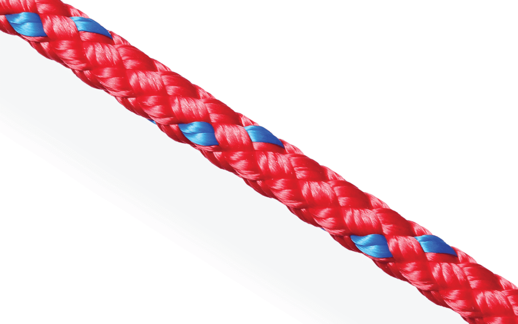 Red braided KP Cord with blue tracers; durable polyester line for general rigging and marine use.