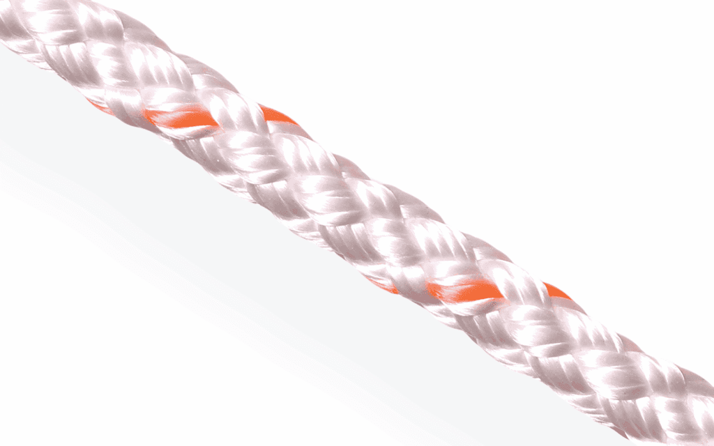 White braided KP Cord with orange tracers; UV-stable polyester rope for marine and industrial use.