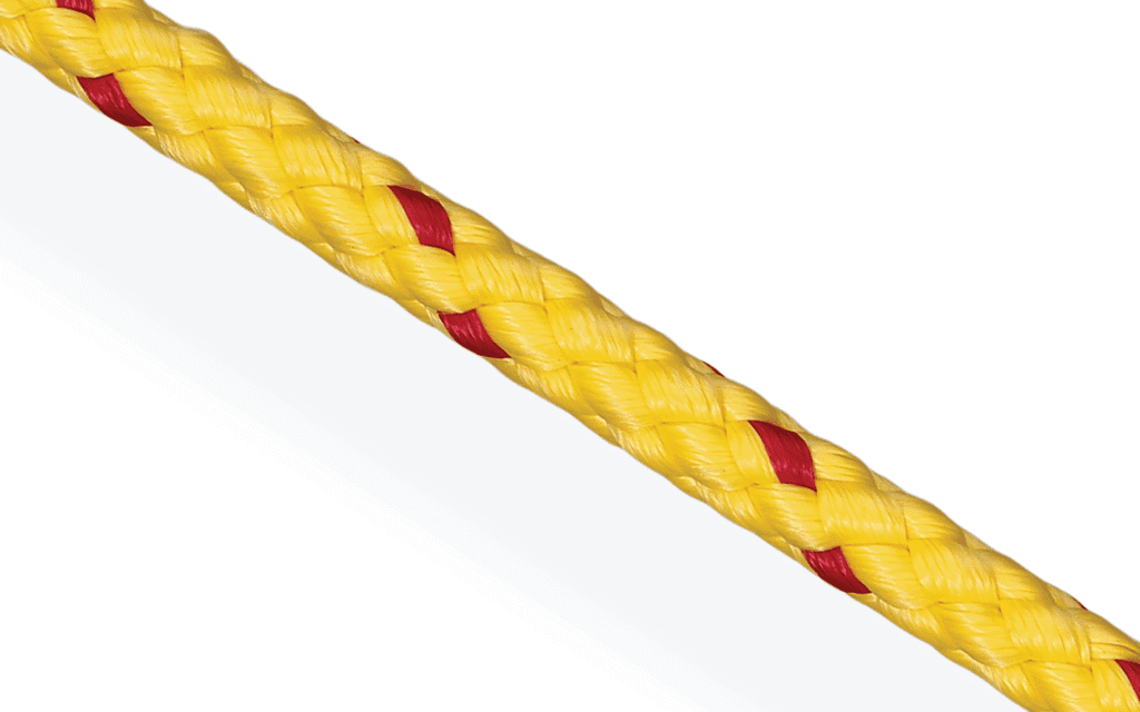 Yellow PK Cord with red tracers, high-visibility floating rope for lifebuoys and professional aquatic rescue operations