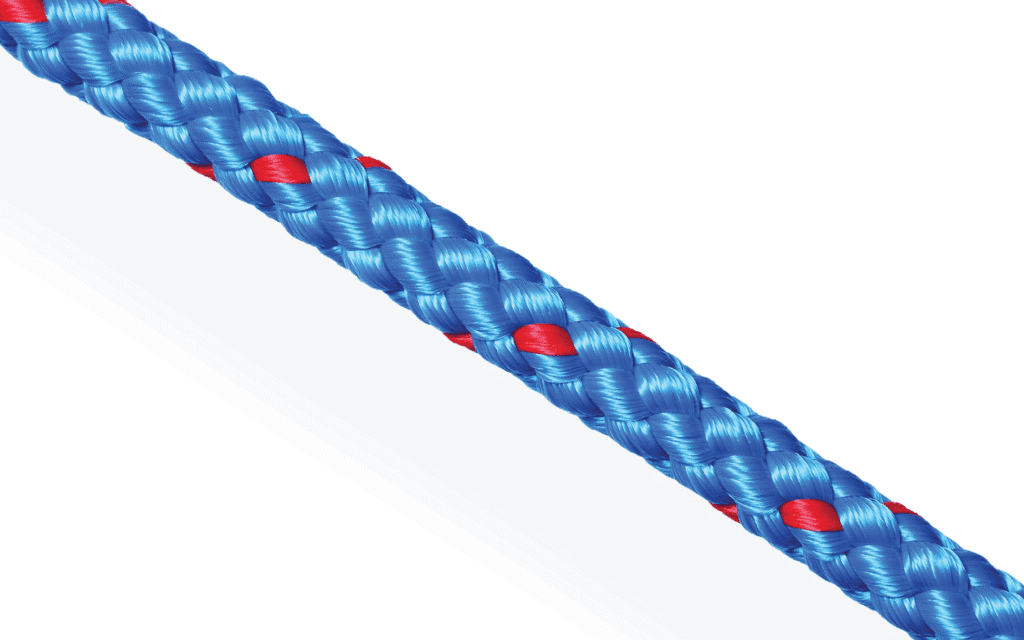 Blue 8-plait PK Cord with red tracers, a non-absorbent floating rope for water-based rescue and maritime applications