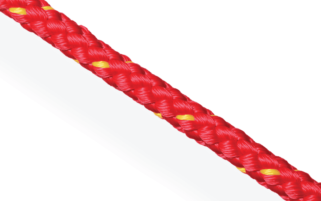 Red 8-plait PK Cord floating polypropylene rope with yellow tracers for safety throw lines and aquatic rescue.