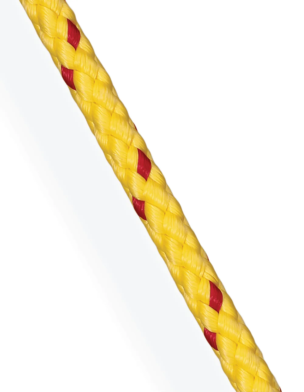 Vertical view of yellow PK Cord with red tracers, a lightweight floating rope for safety equipment and throw bags