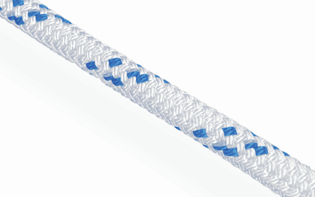 White Racing Dyneema rope with blue tracers, designed for high-load performance sailing and low-stretch applications