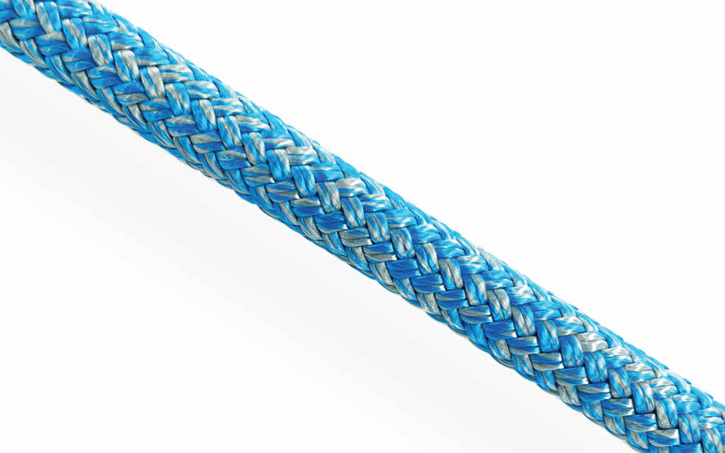 Blue Racing Dyneema rope with high-strength HMPE core and durable polyester cover for racing yacht control lines