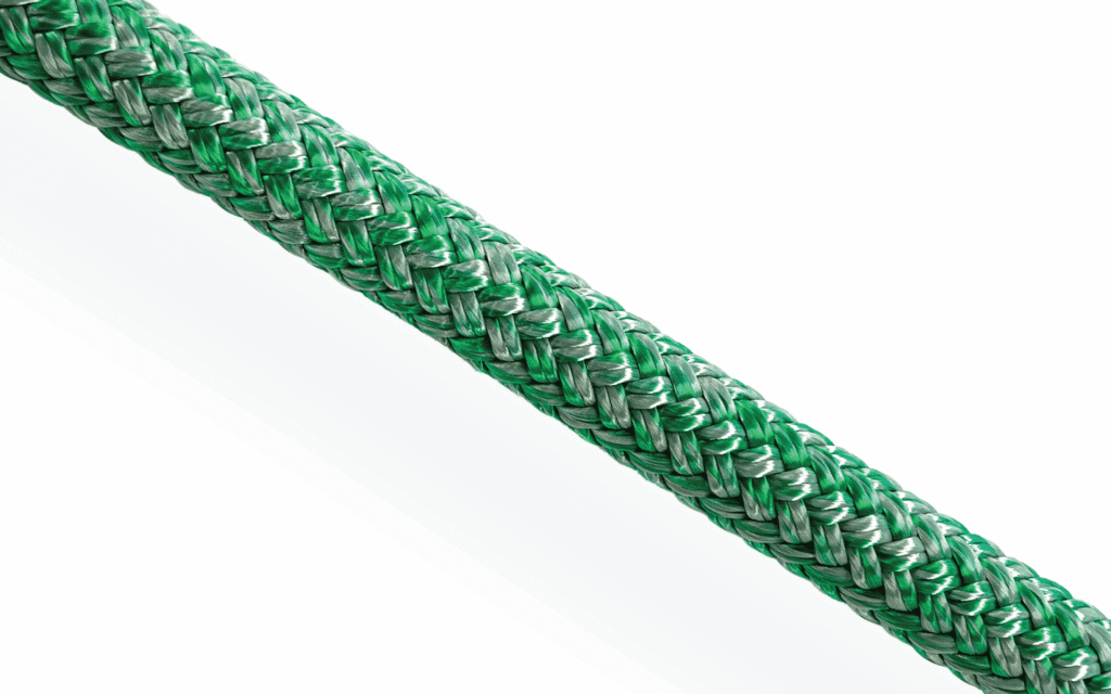 Green Racing Dyneema rope featuring a low-stretch SK75 core for precision control in competitive sailing rigging.