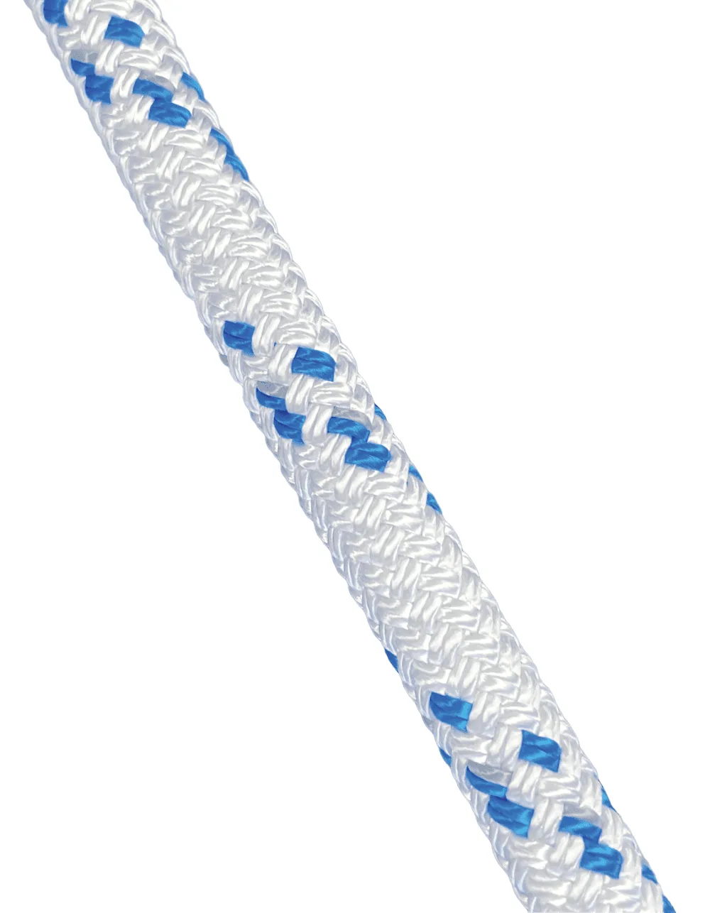 Racing Dyneema rope in white with blue flecks, utilising an SK78 HMPE core for marine rigging and sheets.