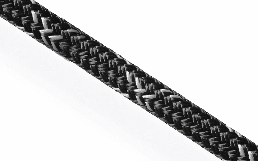 Black Racing Dyneema Pro rope with 24-plait polyester cover and SK78 Dyneema core for high-performance marine rigging