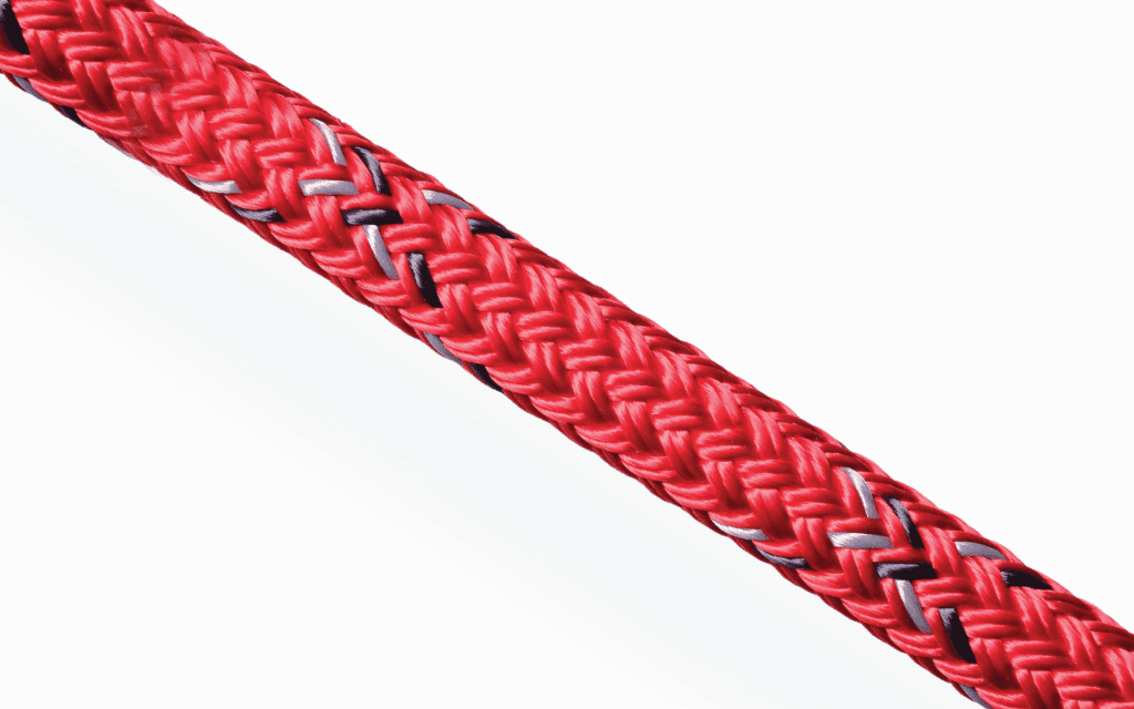 Red Racing Dyneema Pro rope with a durable polyester cover and high-strength SK78 core for racing yacht rigging.