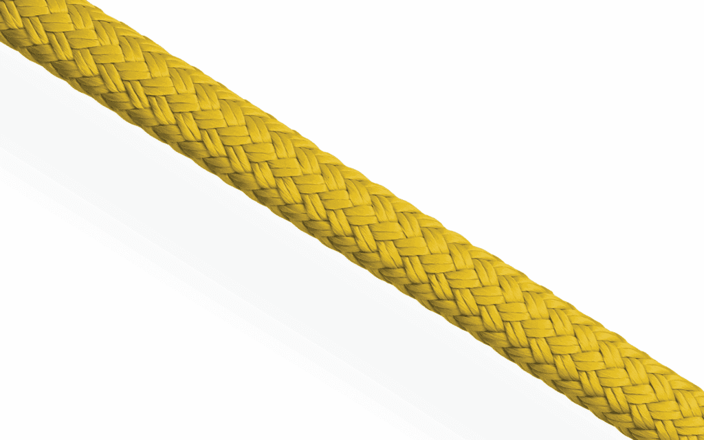 Yellow Rig-Tex 24 polyester rope. 24-plait double braid for high-load technical rigging and maritime use.