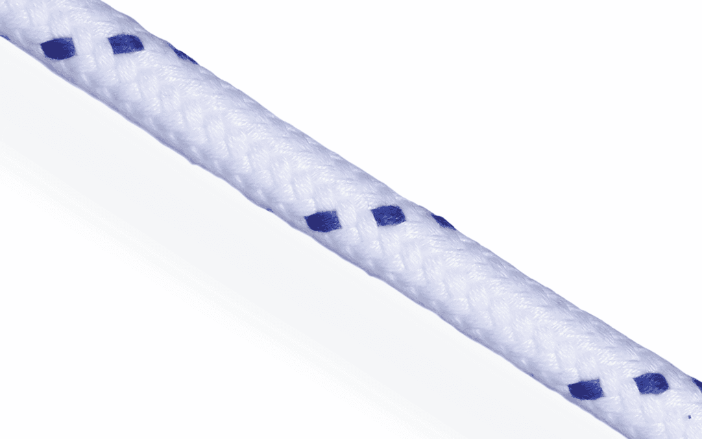 16-plait high tenacity polyester braid-on-braid rope in white with blue tracers. Technical marine cordage for yacht sheets and halyards.