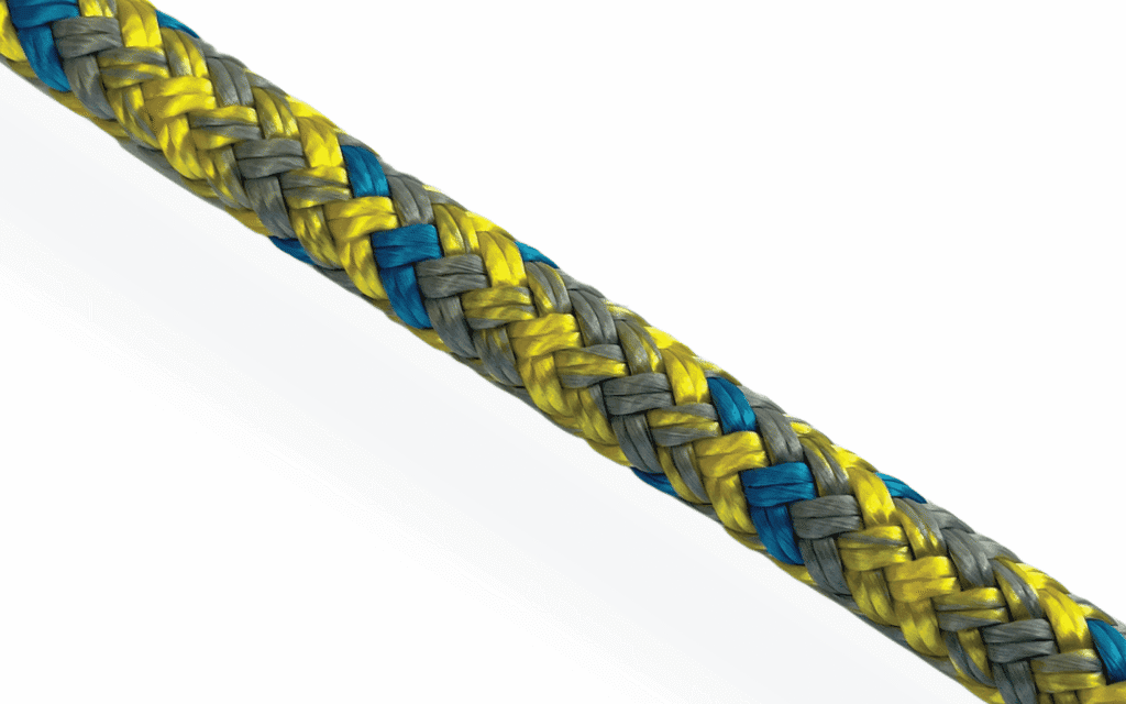 Multicoloured 24-plait Silva Prusik cord; high-grip polyester arborist line for heat-resistant friction hitches.