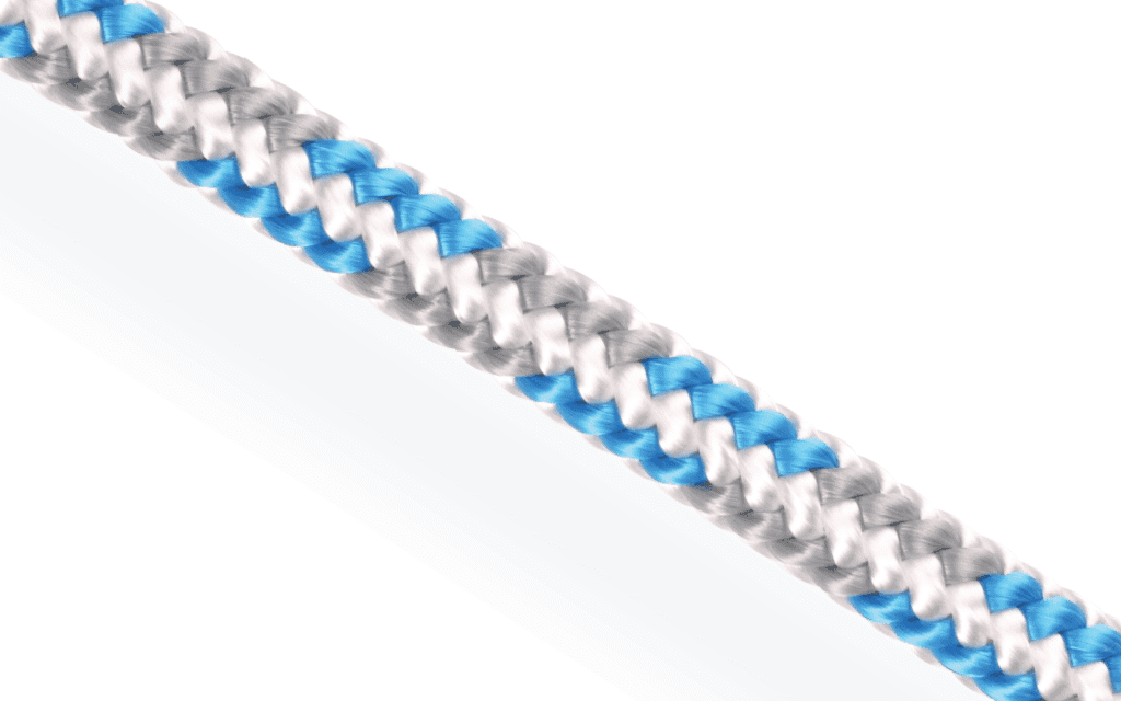 Blue and white Silva-Tex 16 polyester braided cordage. 16-plait construction offers high tenacity and UV resistance. Technical maritime line for dinghy control.