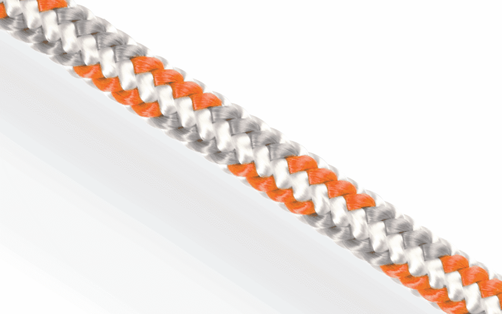 Orange and white 16-plait Silva-Tex 16 polyester line. Supple double braid construction for leisure marine use. 16-strand cover ensures consistent grip for technical rigging.