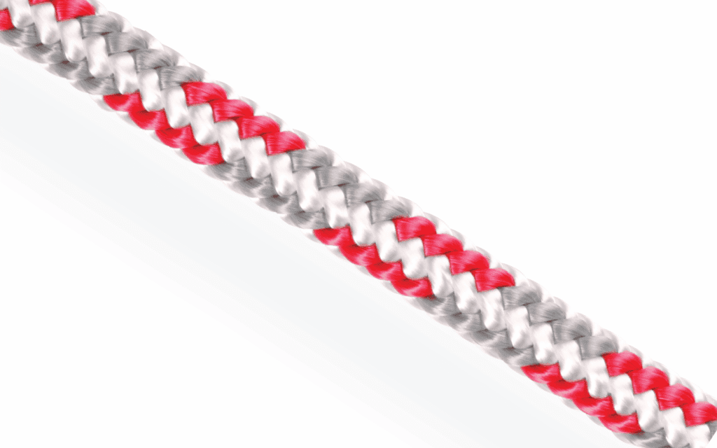 Red and white Silva-Tex 16 polyester rope. 16-plait cover with 8-strand core construction. High tenacity synthetic cordage for cruising sheets and halyards.