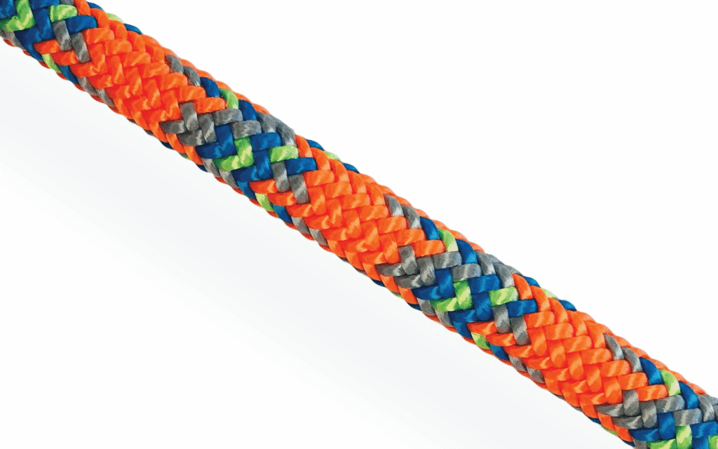 24-plait Silva-Tex 24 polyester line. High tenacity double braid synthetic cordage with orange, grey, blue and lime green pattern.