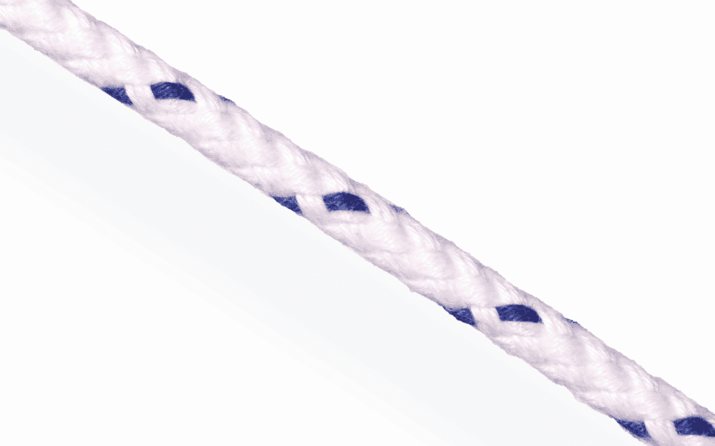 White braided polyester SK Cord with blue tracers; high-tenacity UV-stable line for marine and industrial use.