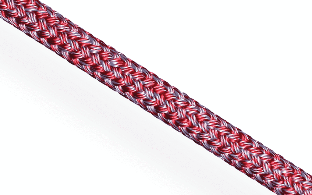 Red Silverline double braid polyester rope. 24-plait cover over 12-strand core construction. Flexible, heat-set synthetic line for cruising sheets and halyards.