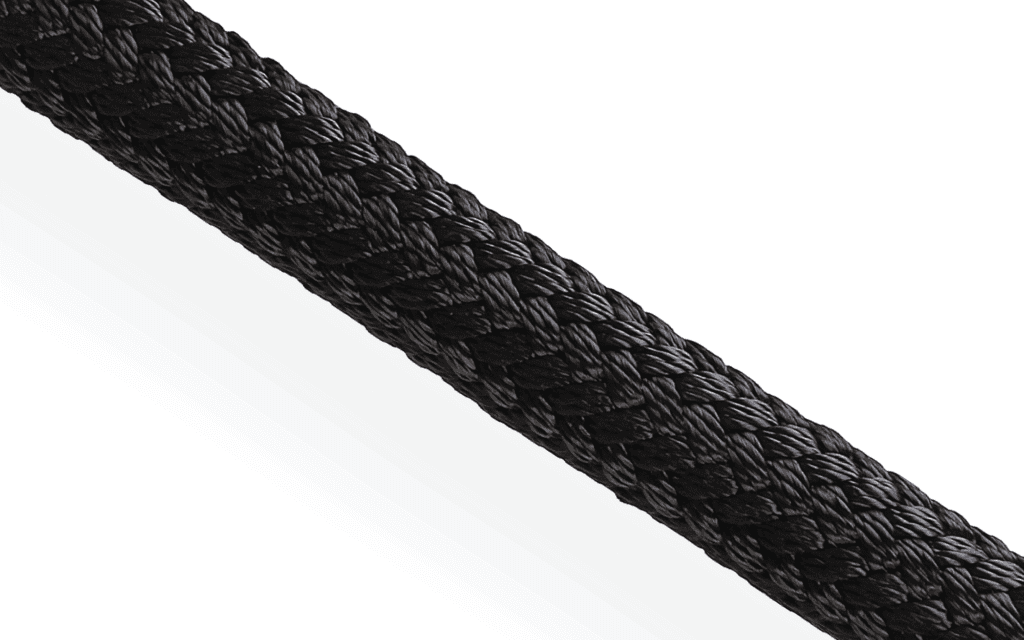 Black 24-plait Dyneema Braid-on-Braid dockline. High strength HMPE mooring rope for maritime procurement.