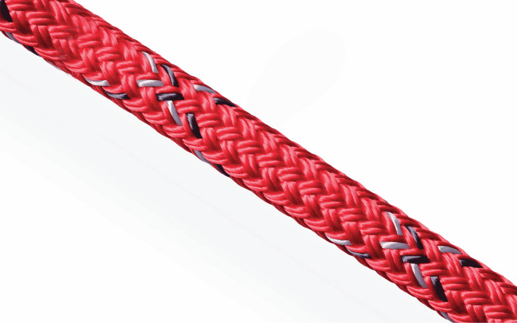 Red 12-strand HMPE winch rope. SK78 high modulus polyethylene for heavy duty recovery and technical rigging.