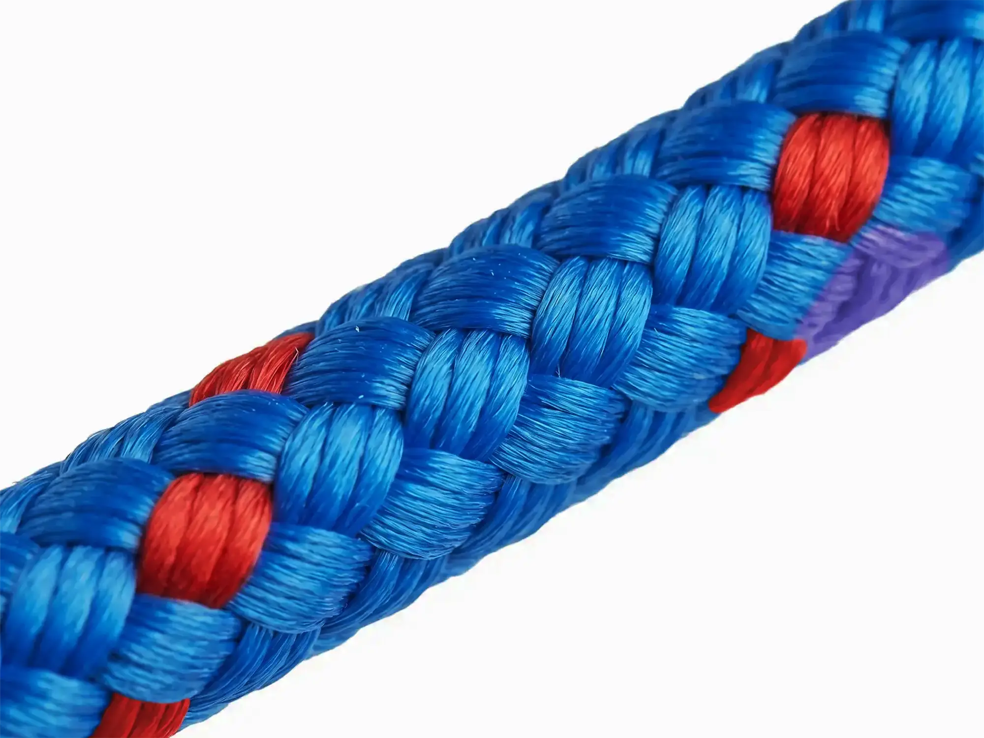 Macro photograph of English Braids 8-Plait Pre-Stretched rope showing blue and red polyester strand construction